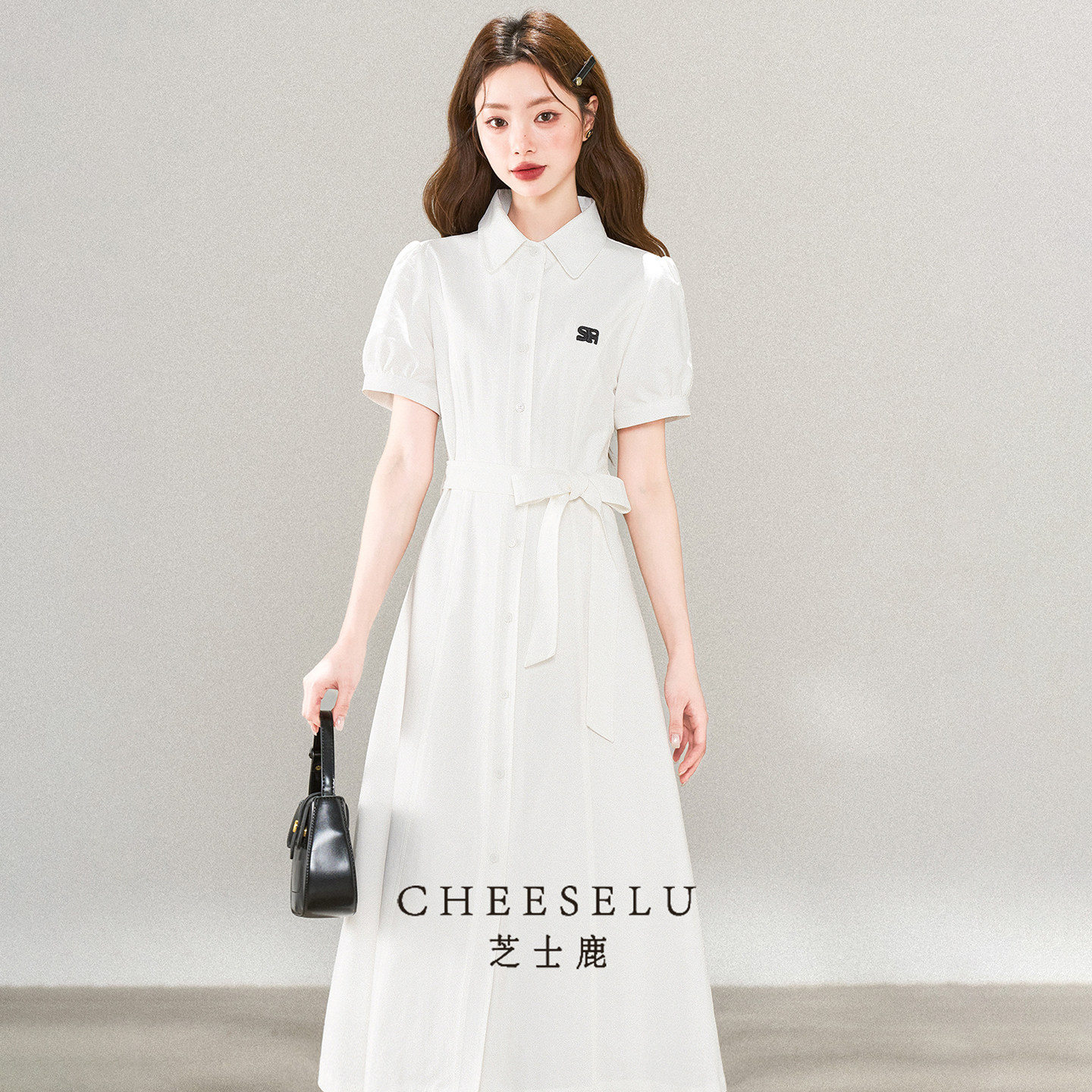Cheese Deer French Polo Collar White Shirt Dress Women's Summer New Preppy Style Interview Fitted Short Sleeve Dress