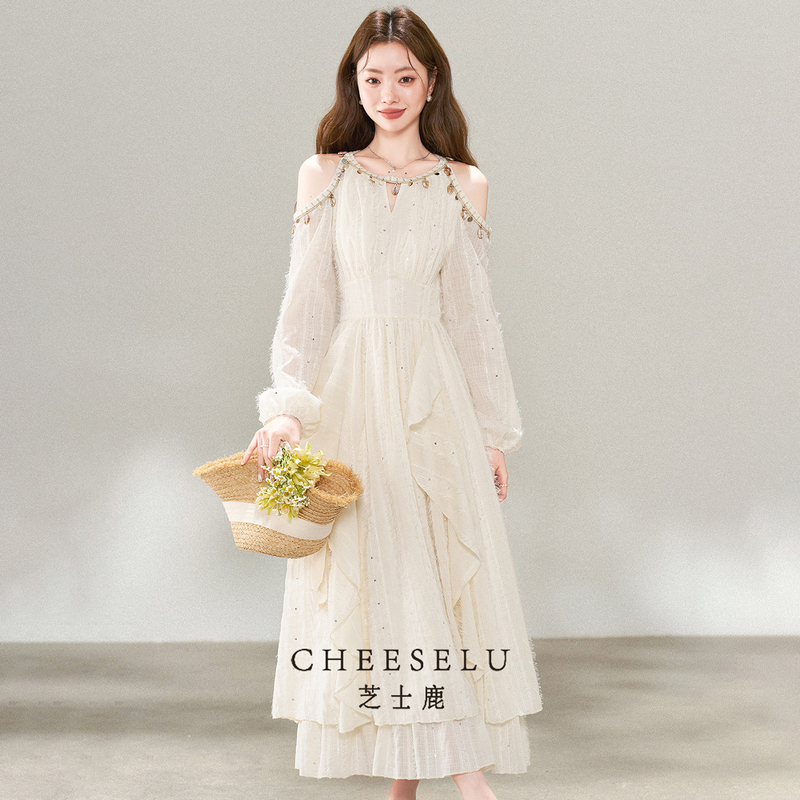 Cheese Deer French-Style High-End Vacation-Style Off-Shoulder Halter Dress for Women, Super Pretty and Waist-Cinching Elegant Dress for Spring