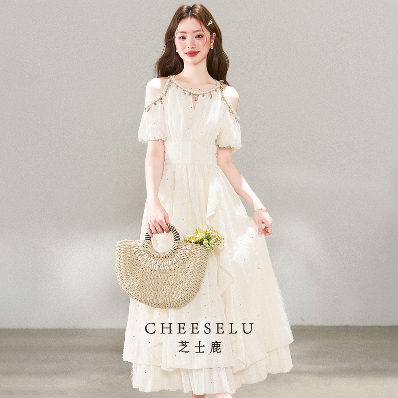 Cheese Deer's New Summer Resort-Style Slimming Long Dress for Women, French Style, Super Pretty, Gentle Style, Off-Shoulder Strap Dress