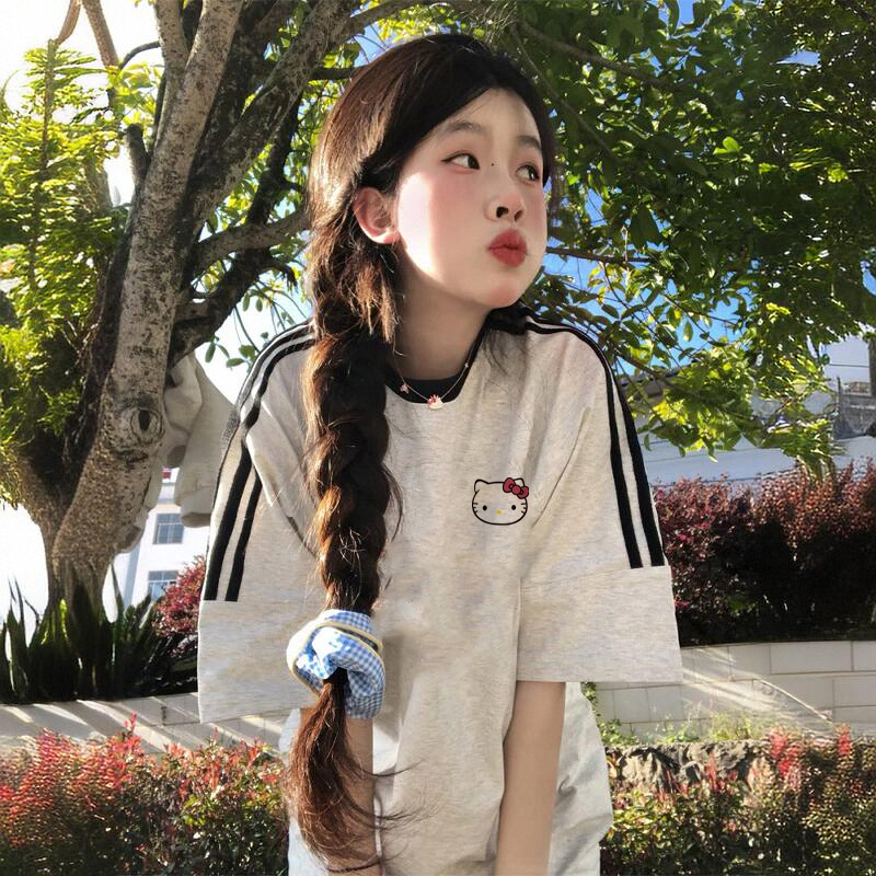 Three-Stripe Gray Short-Sleeve T-Shirt for Women, Summer 2026 New Style, Pure Cotton, Loose Fit, Korean Style Ins Top for Middle School Students