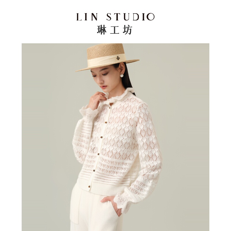 [Tmall Exclusive Artistic Cashmere] Lin Gongfang Ink Calligraphy White Knitted Cardigan for Women with Hollow Design by Tang Lin Designer