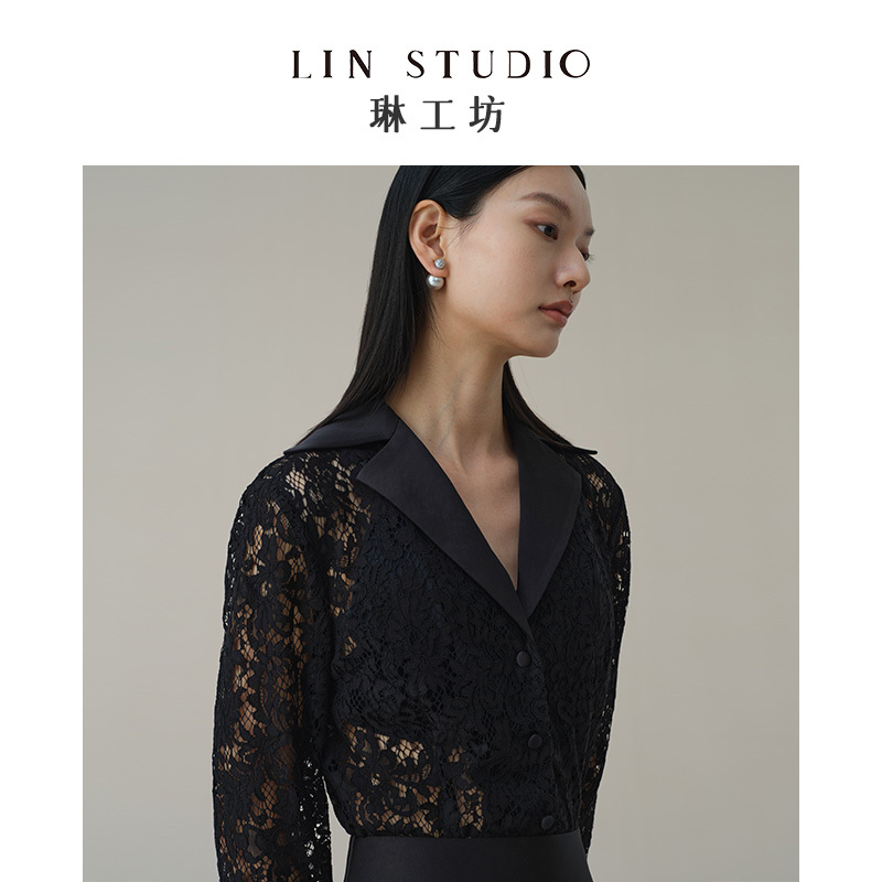 [Designer Tang Lin] Lin Workshop Yiru Black Lace Shirt for Women, New Style, Elegant and Slimming Long-Sleeve Blouse