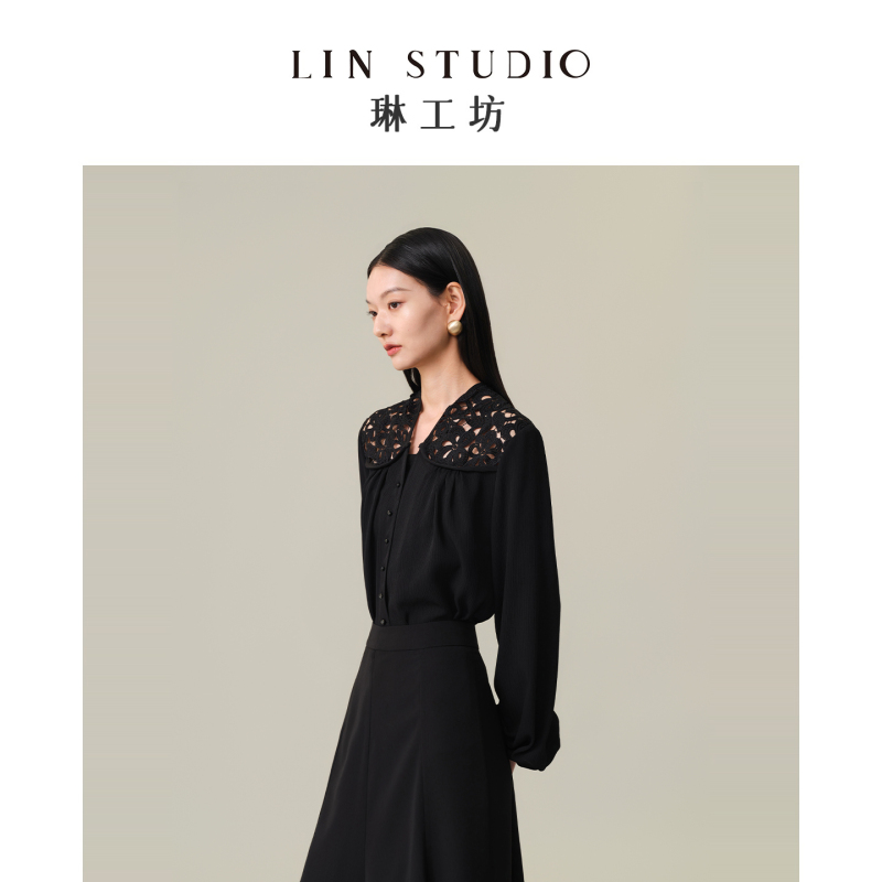 [Designer Tang Lin] Lin Workshop Su Mu Black Shirt for Women, New Autumn Style, Hollow Lace Long-Sleeve Elegant Blouse