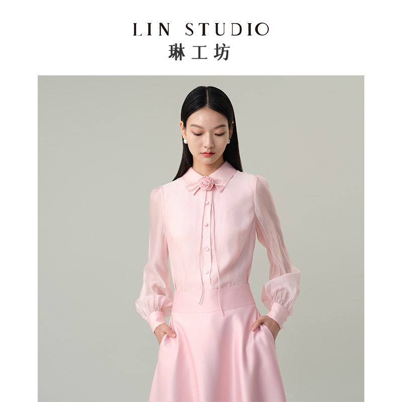 [Designer Tang Lin] Lin Workshop Yulin Pink Shirt for Women, Spring/Summer New Style, Handmade Floral Elegant Blouse Top