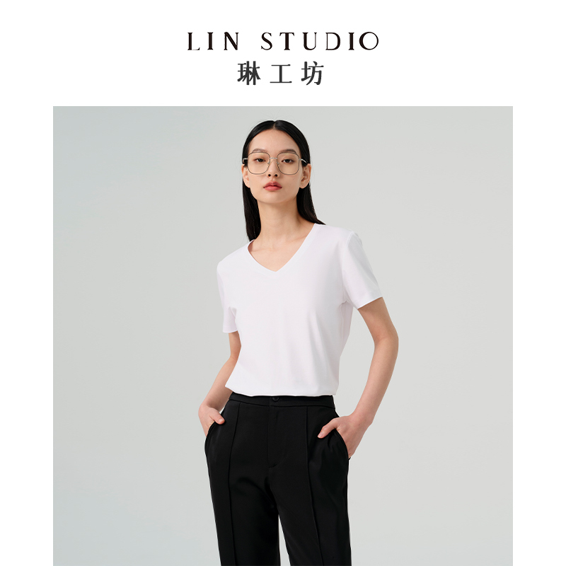 [Designer Tang Lin] Lin Workshop Guifeng White Short-Sleeved T-Shirt for Women, New Summer Style, Mercerized Cotton, Solid Color V-Neck Top