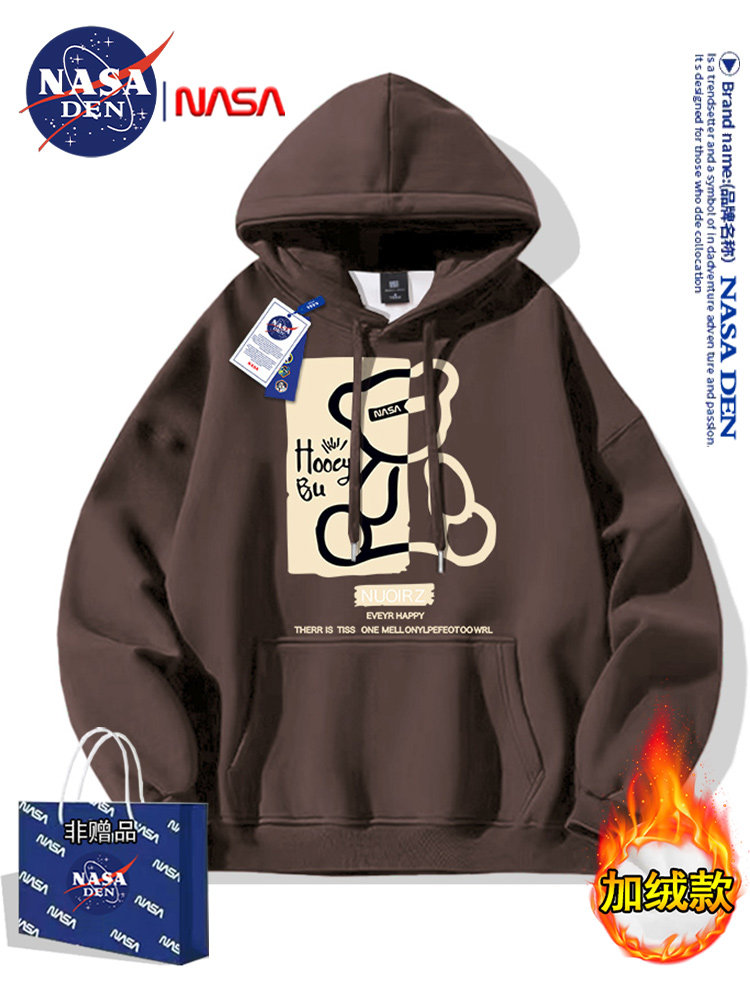 Nasa Co-Branded Autumn and Winter Fleece-Lined Thick Sweatshirt for Men, Fashionable, Simple, Casual, Printed, Loose-Fitting, Versatile Hooded Top