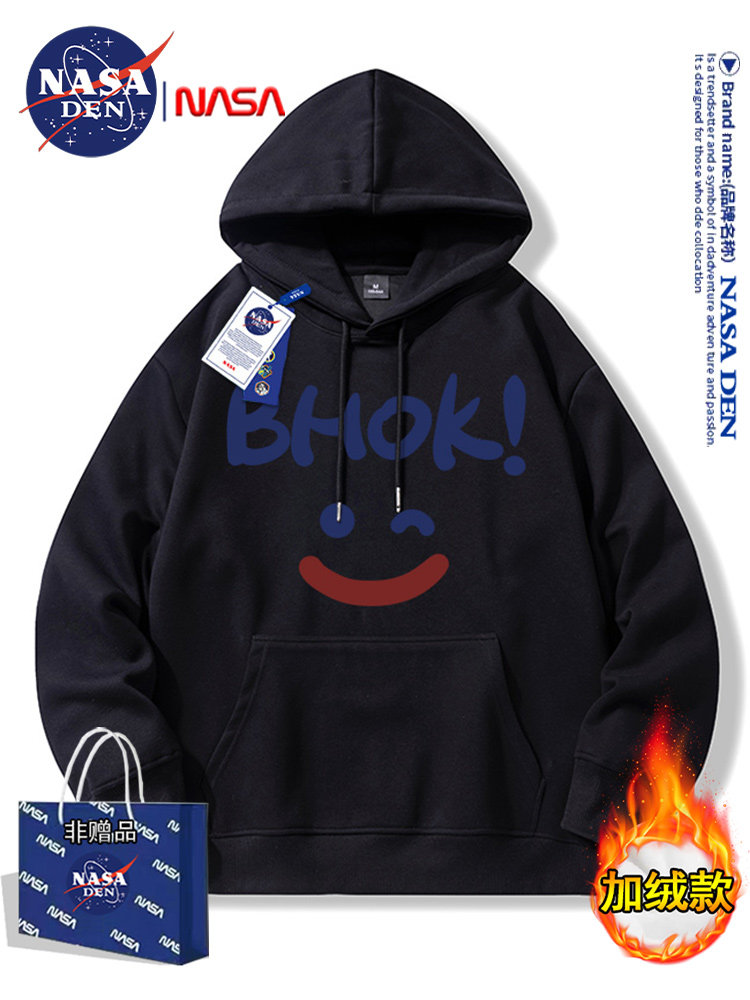 Nasa Co-Branded Hong Kong Style Heavyweight Fleece-Lined Long-Sleeve Sweatshirt for Men and Women, Fashionable Casual Loose-Fitting Versatile Hooded Couple Shirt