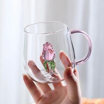 3D Rose Glass Cup with Handle Houssehold Breakfast Cup for Ju