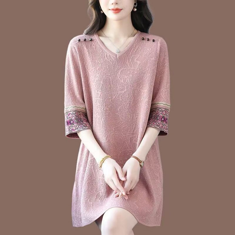 Hueq High-End Thin Mulberry Silk V-Neck Mid-Length Plus-Size Loose Fit Body-Covering Patchwork Printed Dress for Women