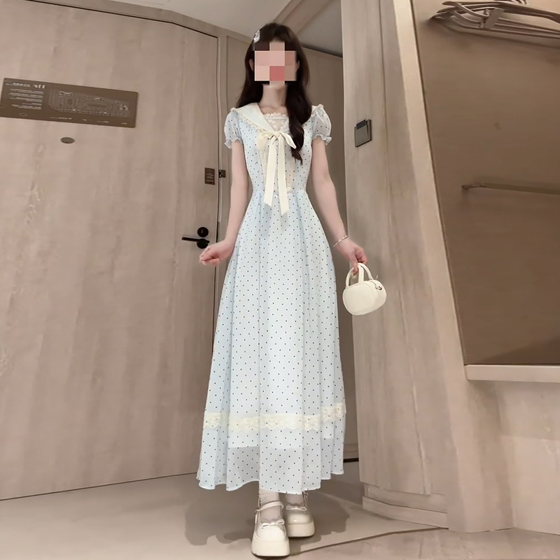 Sweet Style Blue Polka Dot Navy Collar Dress for Women, Summer Design, Waist-Cinching, Slimming, Elegant and Stunning Long Dress Sweet Style Blue Polka Dot Navy Collar Dress for Women, Summer Design, Waist-Cinching, Slimming, Elegant and Stunning Long Dress