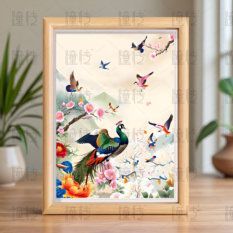 百鳥朝鳳 パステル花鳥陶板画 応接間 書斎 懸掛 装飾品 工芸品 美術品 置物 陽月 Sun and moon 土、膠、顔料、水彩、金属粉 / 麻布、古額装