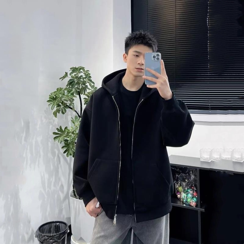 Black Heavyweight Cardigan Sweatshirt for Men, New Spring and Autumn Style, American High Street Loose Fit, Youth Double Zipper Hooded Jacket