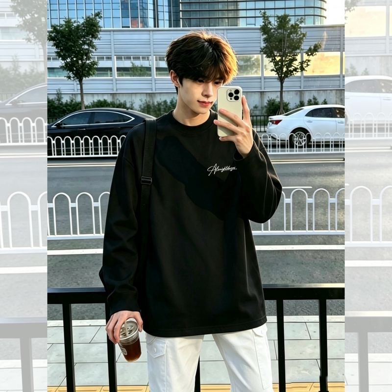 American-Style Pure Cotton Black Long-Sleeve T-Shirt for Men, New Spring and Autumn Model, Trendy Brand, Loose Fit, Heavyweight, Oversize, for Teenagers American-Style Pure Cotton Black Long-Sleeve T-Shirt for Men, New Spring and Autumn Model, Trendy Brand, Loose Fit, Heavyweight, Oversize, for Teenagers