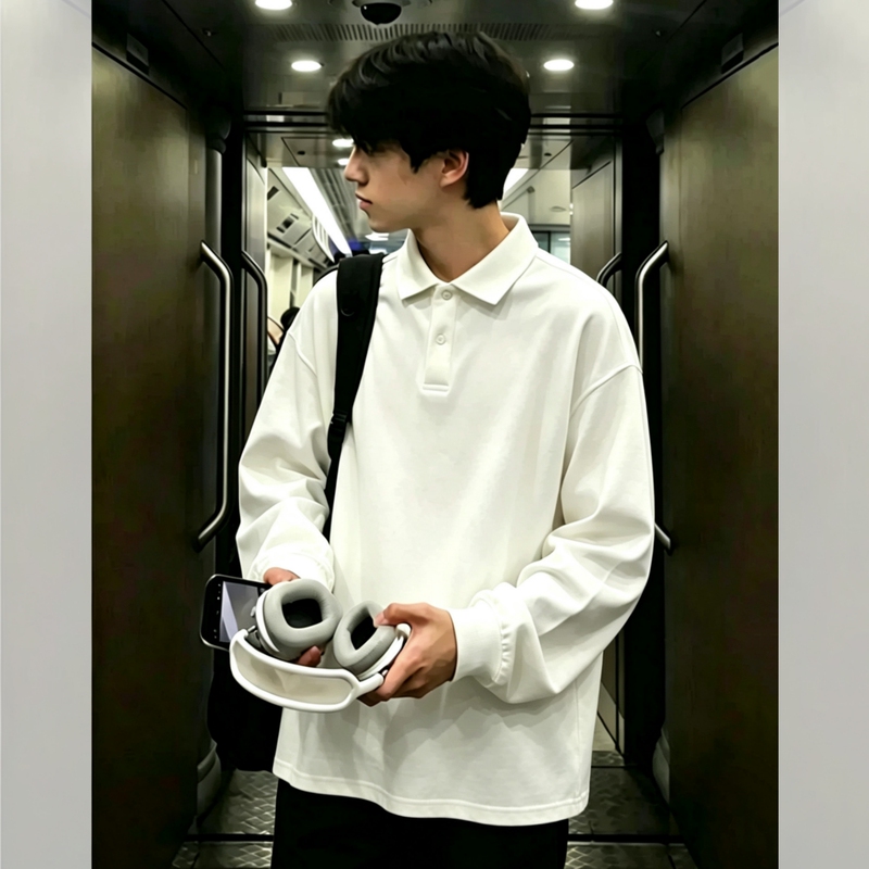 American-Style White Long-Sleeve Polo Shirt for Men, Spring and Autumn Trendy Brand, Loose Heavyweight Turn-Down Collar T-Shirt, High-End Student Top American-Style White Long-Sleeve Polo Shirt for Men, Spring and Autumn Trendy Brand, Loose Heavyweight Turn-Down Collar T-Shirt, High-End Student Top