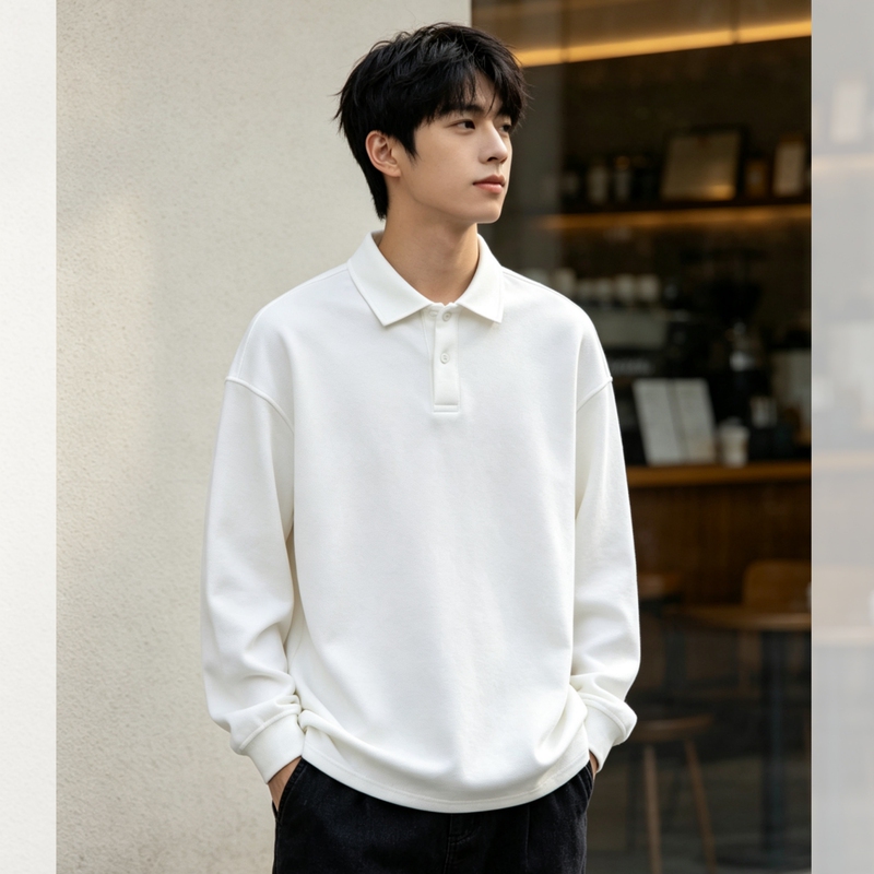 Men's White Polo Shirt with a Turn-Down Collar, Long-Sleeved T-Shirt, Loose Fit, Heavyweight, Stylish and High-End Clothing for Teenagers, Suitable for Spring and Autumn