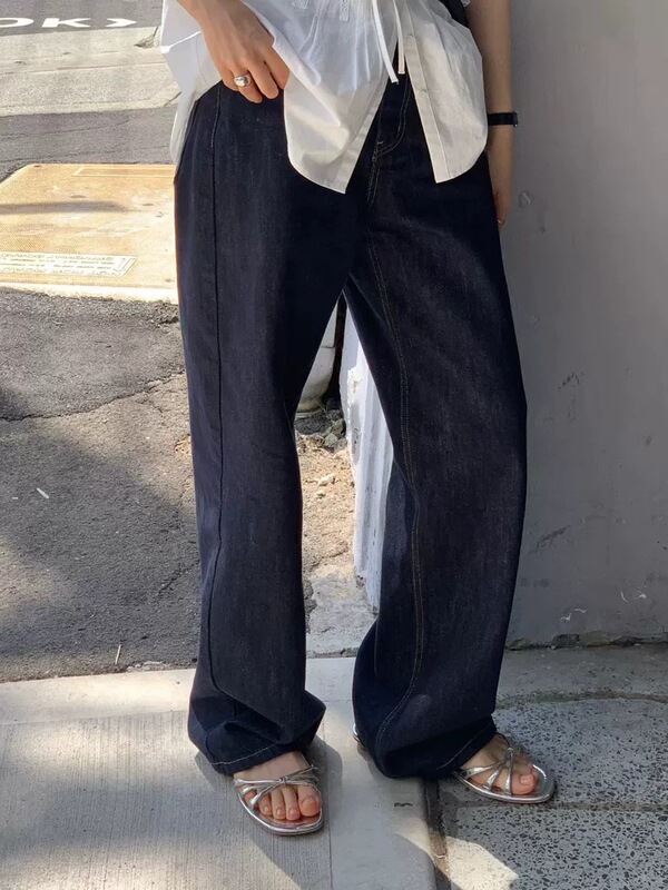 Oun*E Yellow Stitching Original Color, Straight-Leg Jeans with a High Waist That Makes You Look Slimmer, Casual Wide-Leg Pants, Long Pants