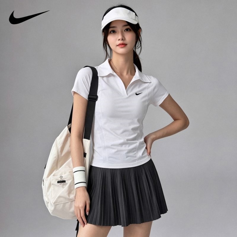 Nike Sports Short-Sleeved Polo Shirt for Women, Slim-Fitting, Quick-Drying, Breathable Tennis Fitness T-Shirt, Slimming Look Lapel Top