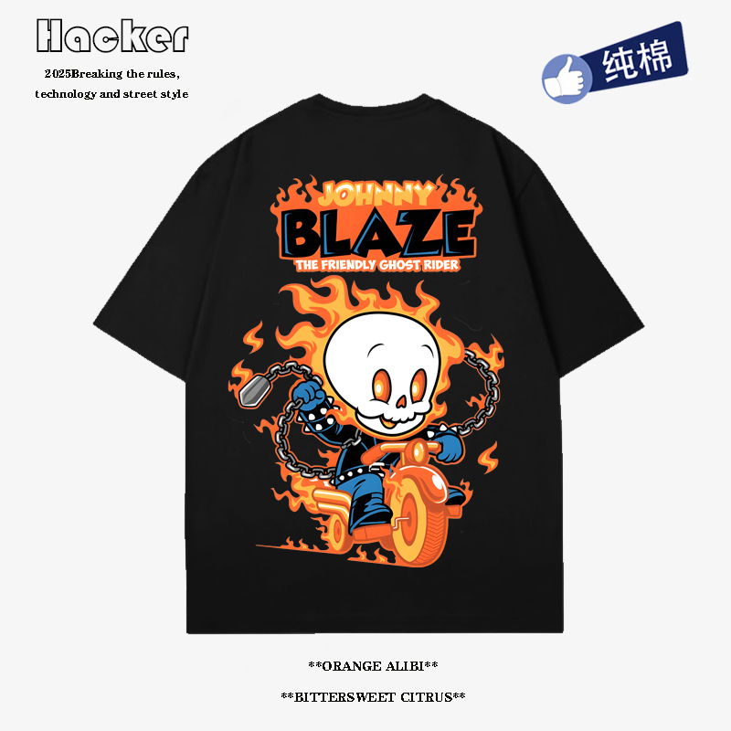 American Trendy Brand Original Flame Knight Cartoon Print Short-Sleeved T-Shirt for Men and Women, Trendy Street Short-Sleeved T-Shirt, Loose Fit