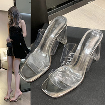 Transparent Sandals Womens 2024 Summer New Fashion Strap Sexy High Heels Square Toe Crystal Thick Heels Sandals and Slippers