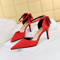 5196-A1 Korean style elegant high-heeled shoes satin hollow shallow mouth pointed toe with hollow bow womens sandals
