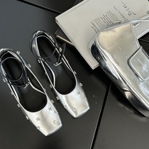 French metal square-toe sexy small leather shoes 2024 new one-word buckle Mary Jane shoes temperament thick high-heeled shoes