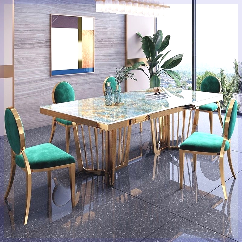 Modern Light Luxury Amazon Green Slate Dining Table and Chair Set for Home Use, Simple Dining Room Small Apartment Rectangular Dining Table