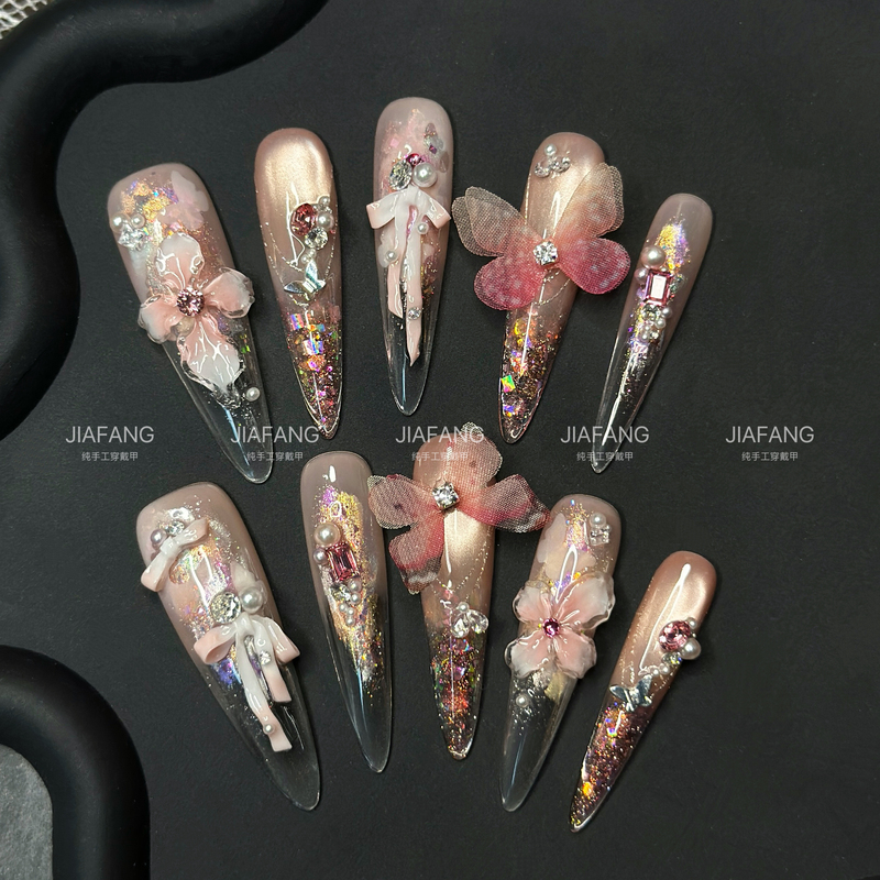 Jiafang | Handmade Wearable Nails【Spring Flower Butterfly】Acetate Cat Eye Butterfly Sequins High-End Luxury