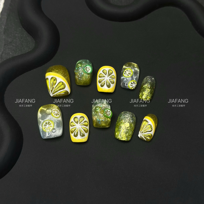 Jiafang | Purely Handmade Wearable Nails [Lemon Sparkling Water] Cool Summer Yellow-Green Glazed Clear Manicure