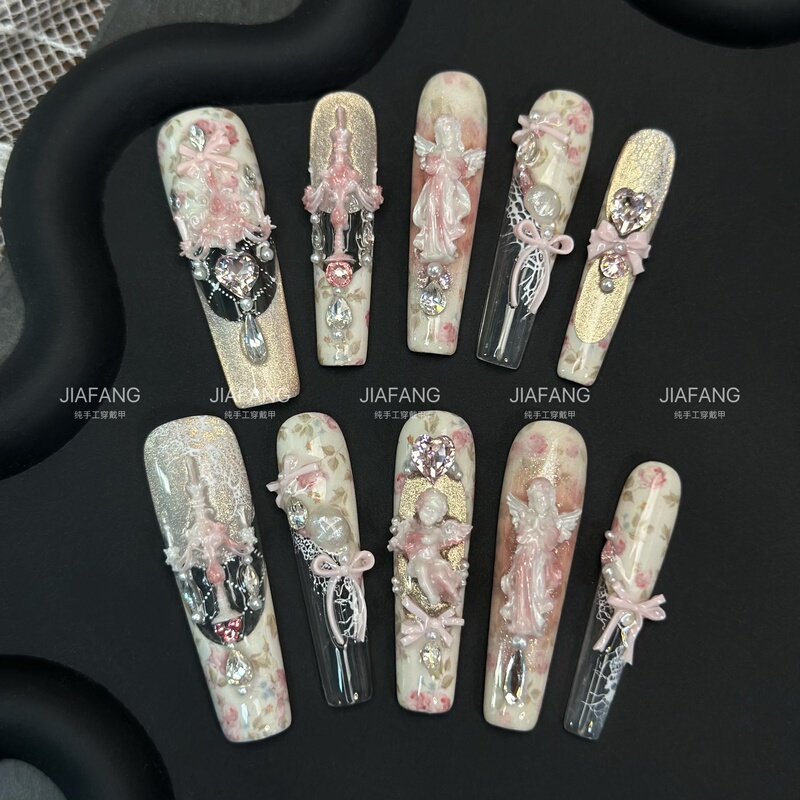 Jiafang | Purely Handmade Wearable Nails【Aurora Garden】Classic Rose 3D Angel Candle Nail Art