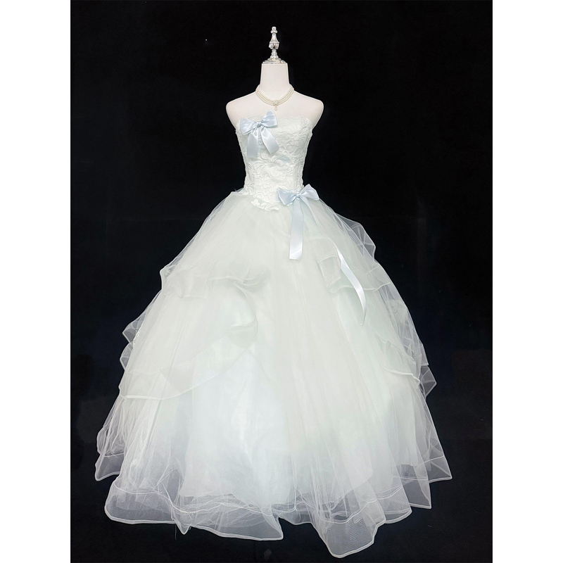 Blue Strapless Birthday Party Princess Dress with a High-End Feel, Suitable for Vocal Performance Exams, Host Roles, High School Students, and Coming-Of-Age Ceremonies