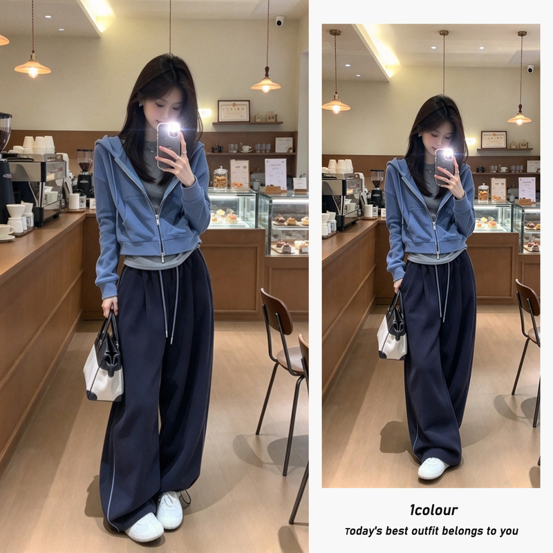 2026 Autumn New Sports Suit Blue Loose Short Hooded Zipper Sweatshirt Jacket High Waist Wide Leg Pants 2026 Autumn New Sports Suit Blue Loose Short Hooded Zipper Sweatshirt Jacket High Waist Wide Leg Pants