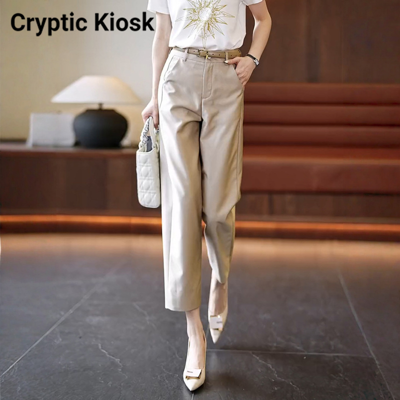 Cryptic Kiosk Nine-Point Cigarette Pants for Women, Summer Thin High-Waisted Straight-Leg Suit Pants, Casual Carrot Harem Pants