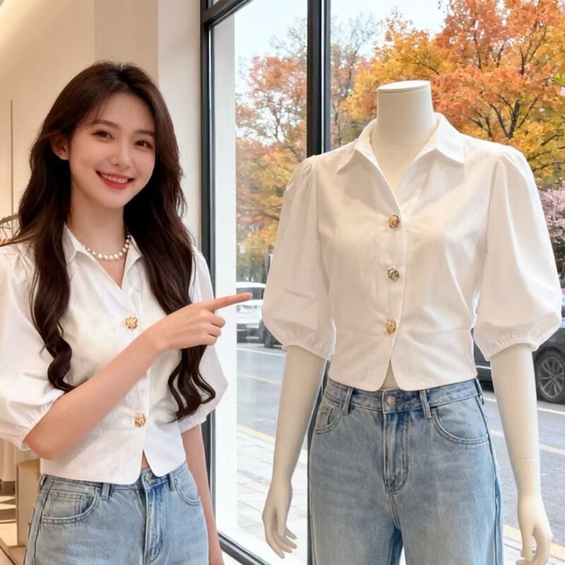 French Retro V Neck Puff Sleeve Shirt for Women, Summer Style, Fashionable, Slimming, Versatile, Beautiful Short White Top French Retro V Neck Puff Sleeve Shirt for Women, Summer Style, Fashionable, Slimming, Versatile, Beautiful Short White Top