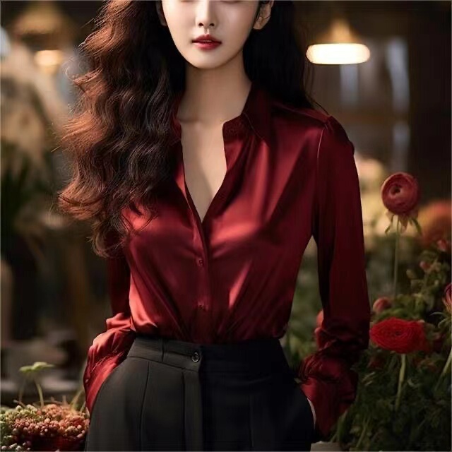2024 New Style Elegant Professional Attire Retro Shirt High-End Super Pretty Red Satin Shirt Top for Women Spring 2024 New Style Elegant Professional Attire Retro Shirt High-End Super Pretty Red Satin Shirt Top for Women Spring