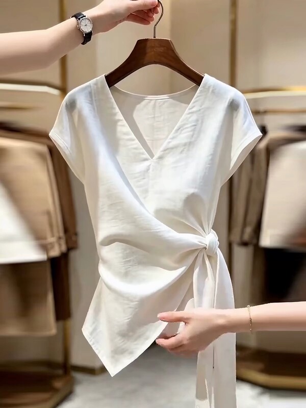 French-Style Short-Sleeved Shirt for Women, 2026 Summer New Model, Irregular Tie V-Neck, Waist-Cinching Design, Trendy Blouse Top French-Style Short-Sleeved Shirt for Women, 2026 Summer New Model, Irregular Tie V-Neck, Waist-Cinching Design, Trendy Blouse Top