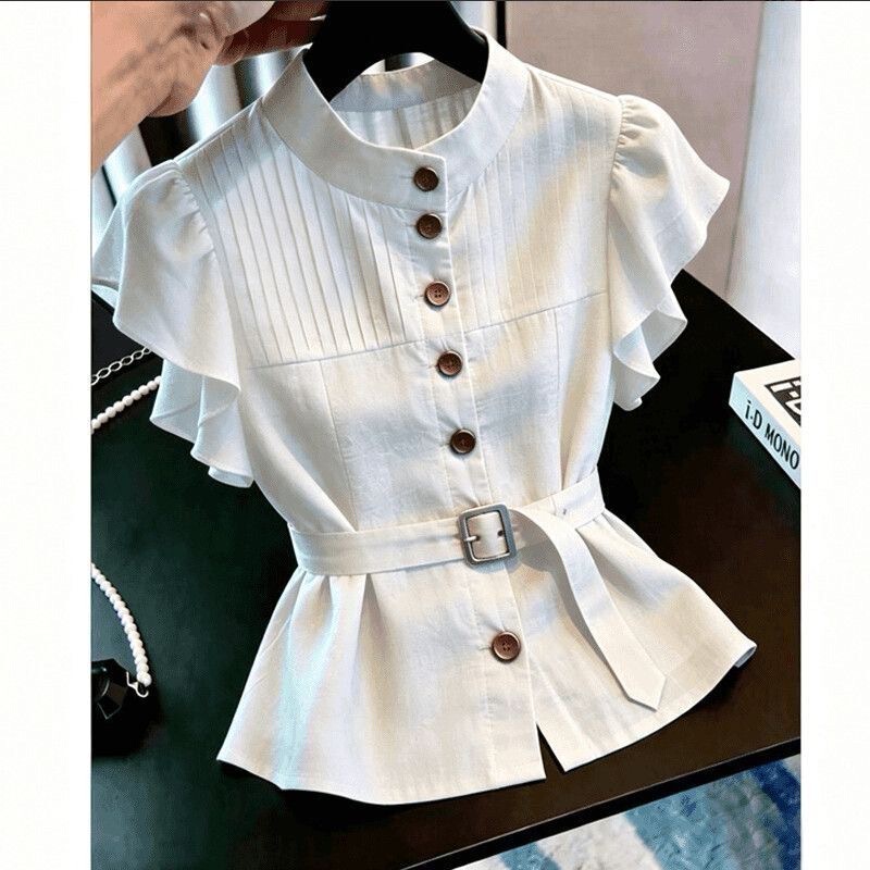 Military Green Ruffle Sleeve Single-Breasted Shirt for Women, 2026 Summer New French Design, Niche Waist-Cinching Tie-Up Top