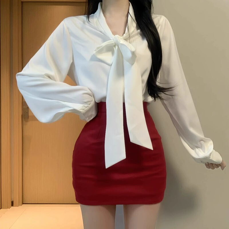 Shirt, Base Layer Shirt, Long-Sleeved, Bow Tie, Red Tie, Fashionable New Style, Elegant and Stylish Blouse with Ribbons