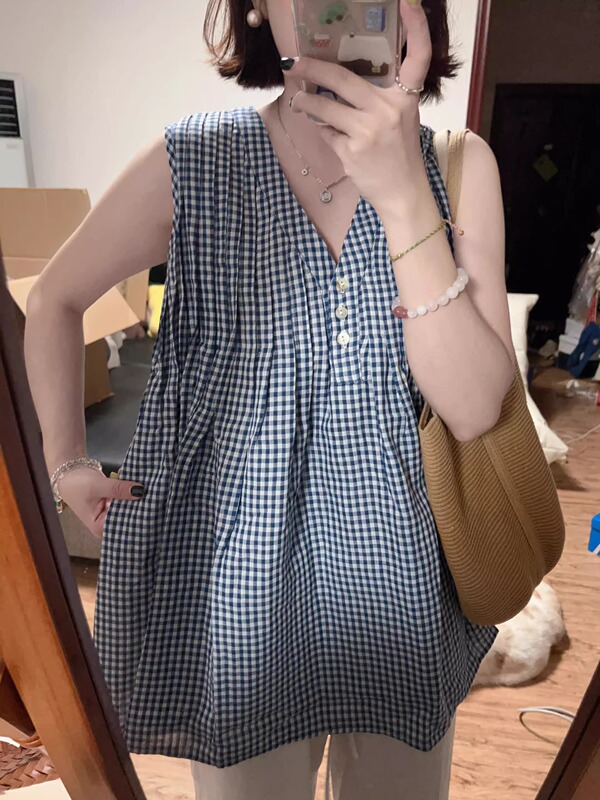 Sweet Style Sleeveless Vest Shirt for Women, New Summer Style, Japanese Style, Gentle Temperament, Fashionable Niche, Loose Plaid Shirt Sweet Style Sleeveless Vest Shirt for Women, New Summer Style, Japanese Style, Gentle Temperament, Fashionable Niche, Loose Plaid Shirt