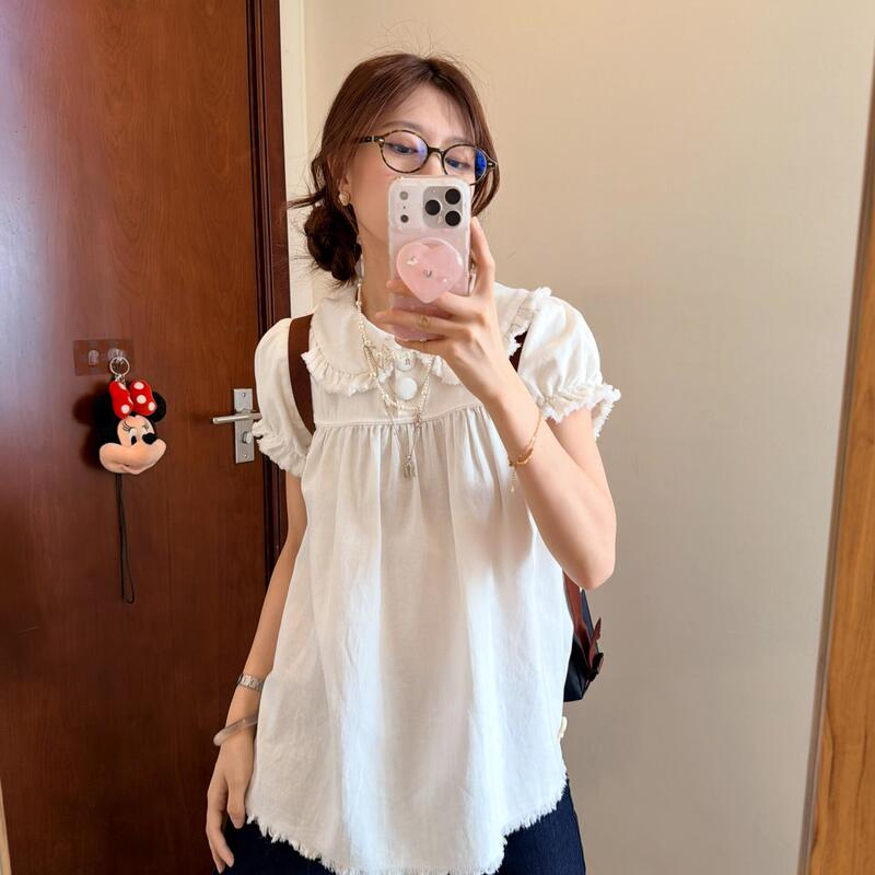 Baby Doll Collar Loose Shirt for Women, Spring and Summer New Korean Style Retro Frayed Edge Washed Tassel Slimming Pleated Short-Sleeved Shirt Baby Doll Collar Loose Shirt for Women, Spring and Summer New Korean Style Retro Frayed Edge Washed Tassel Slimming Pleated Short-Sleeved Shirt