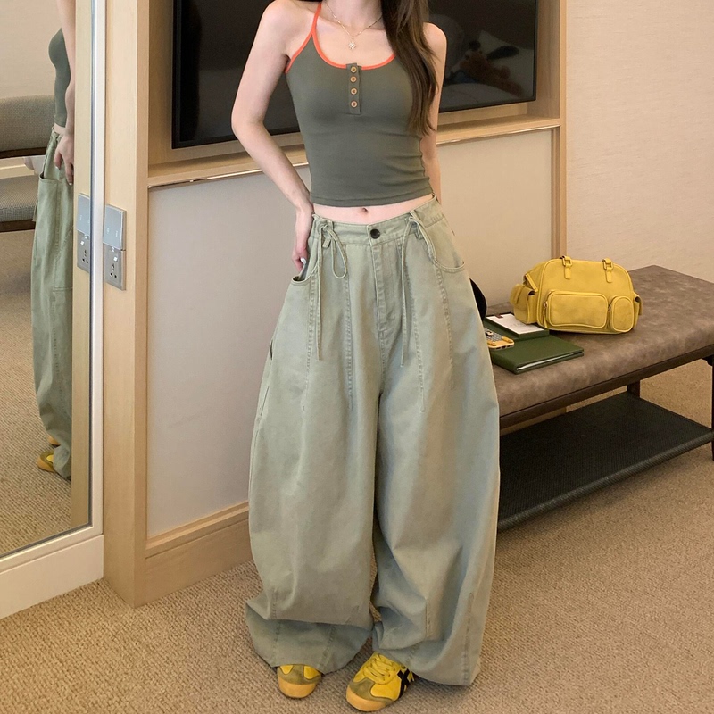 Petite American Retro Gray-Green Drawstring Wide-Leg Workwear Jeans for Women, High-Waisted, Loose, Drapey Casual Long Pants