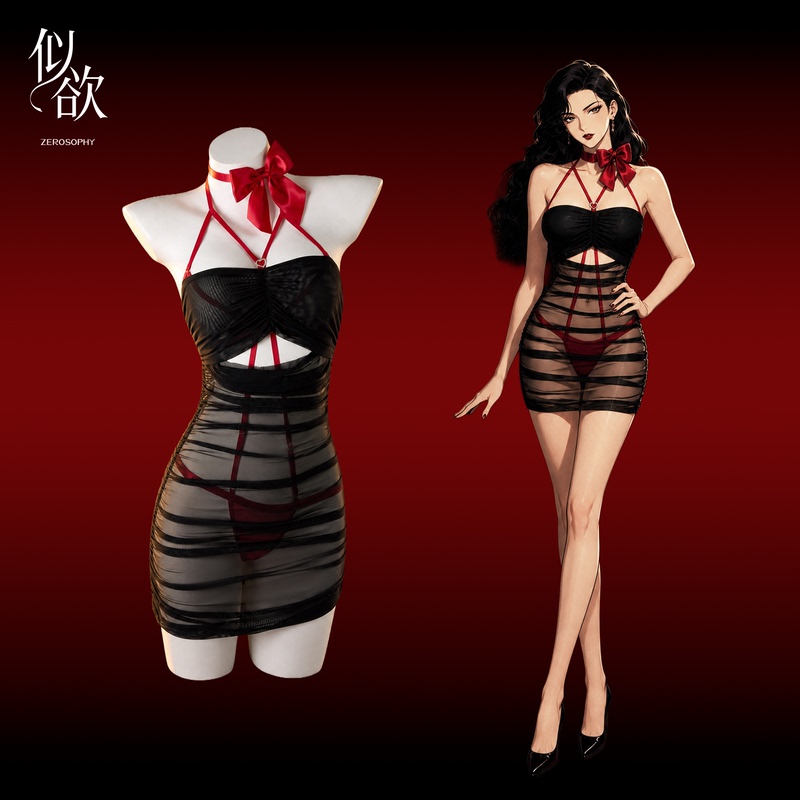 Zerosophy's "Naturally Alluring" High-Elastic Mesh Black and Red Open D-Ring Bondage Dress Lingerie Set Zerosophy's "Naturally Alluring" High-Elastic Mesh Black and Red Open D-Ring Bondage Dress Lingerie Set