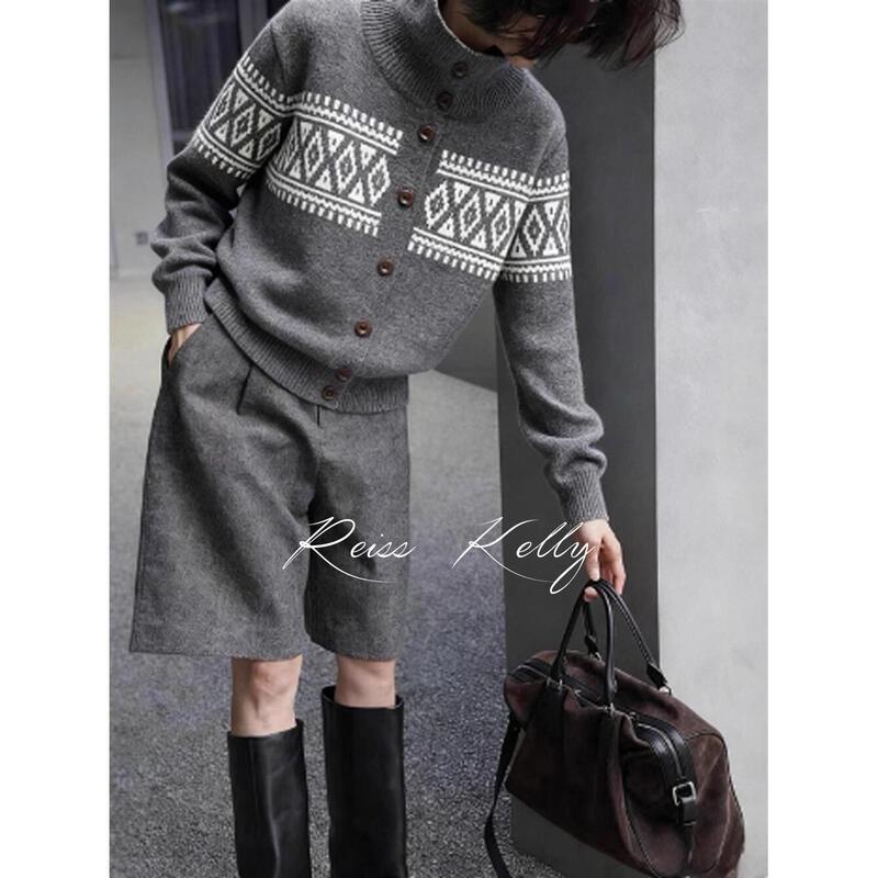 French-Style Reiss Kelly Gray High-Neck Fair Isle Jacquard Knit Cardigan Sweater, Thick and Cozy