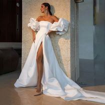 Sexy High Slit Satin Wedding Dresses with Detacbable Sleeves