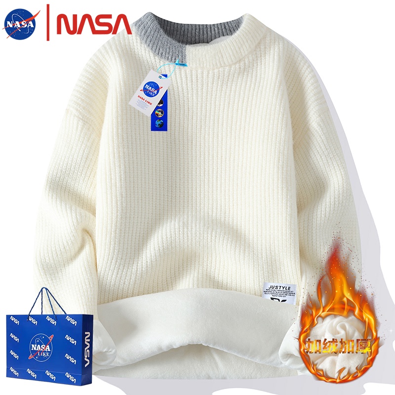 Nasa Collaboration Men's Sweater with Color-Blocking, Round Neck, Fleece-Lined, Thick Knit Top, Casual Lazy Style Base Shirt for Teenagers