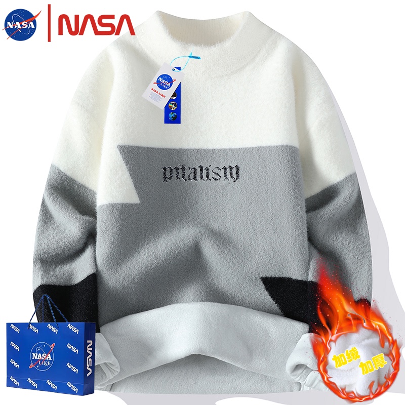 Nasa Collaboration Sweater for Men and Teenagers, Casual Round-Neck Pullover Mink Fleece Top, Thickened Inner Layer Base Shirt for Students