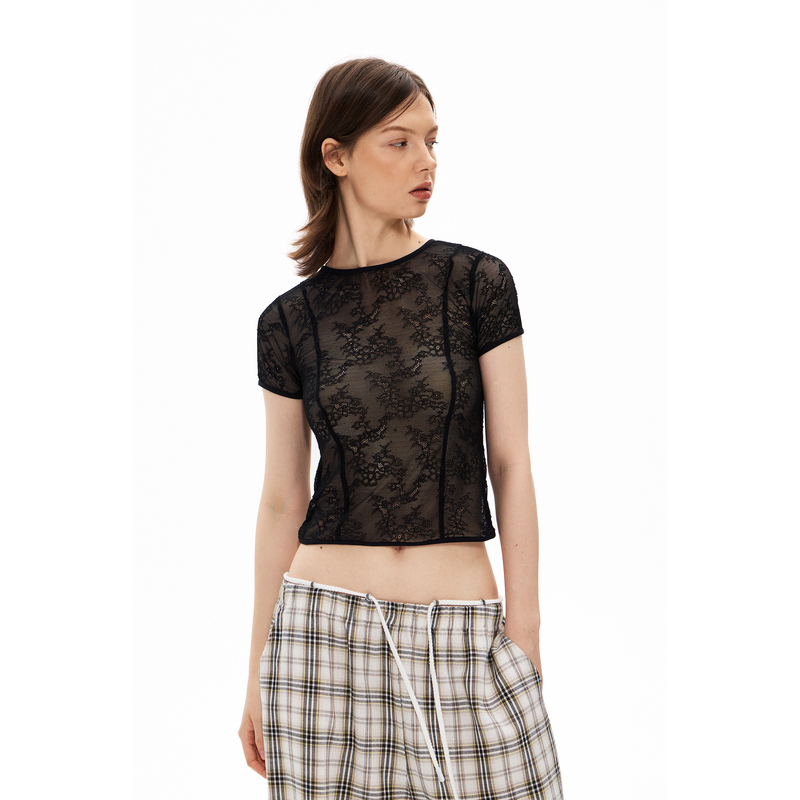 Furifuri 2026Ss New Lace Short-Sleeved T-Shirt Short Tight-Fitting Lace-Trimmed Short-Sleeved Top