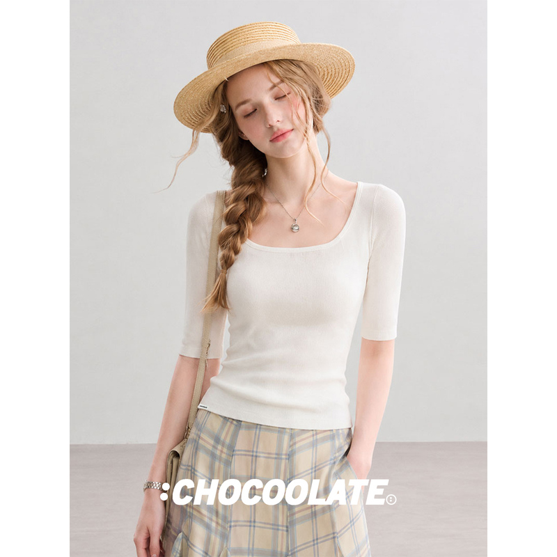 Chocoolate Mulberry Silk U-Neck Mid-Sleeve Knitted T-Shirt for Women, Summer Korean Style Slim Fit Elegant Top