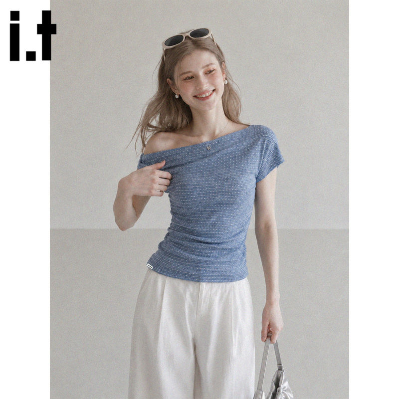 It:Chocoolate Blue Polka Dot Off-Shoulder Waist-Cinching Short-Sleeve T-Shirt for Women, Summer Design, Off-Shoulder Top