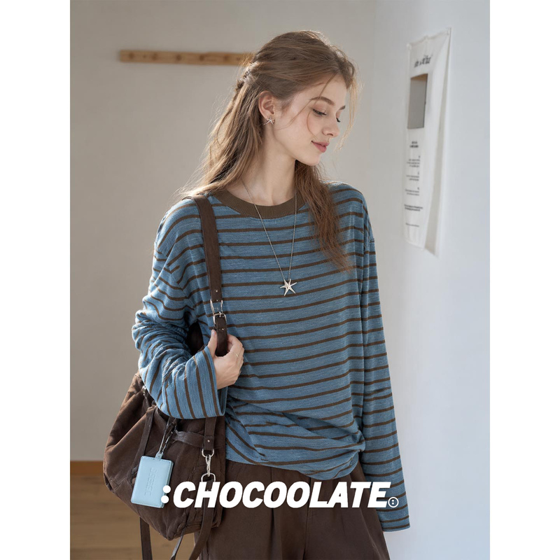 It:Chocoolate Lazy Style Color-Block Striped Knit Long-Sleeve T-Shirt for Women, Loose and Slimming Base Layer Top for Autumn