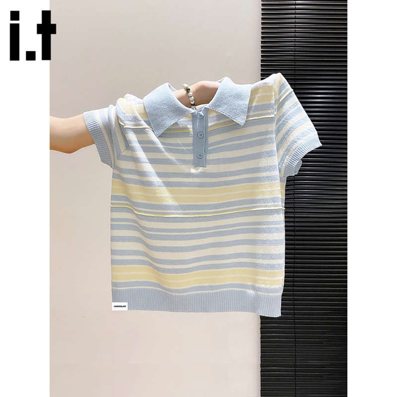 It: Chocoolate Color-Blocked Striped Polo Shirt Knitted Short-Sleeve Women's Summer Top, Very Stylish and Age-Reducing